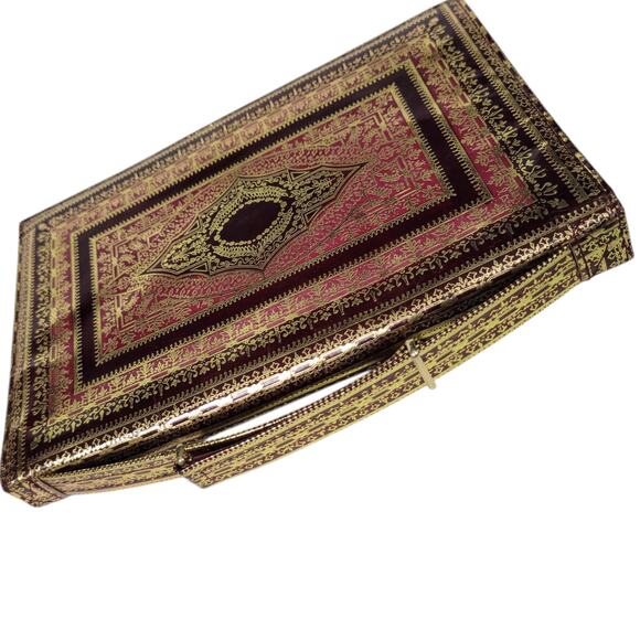 Vintage Embossed Leather Slim Bag Red Gold Gilding Italian Handbag Handle Small - Picture 5 of 16